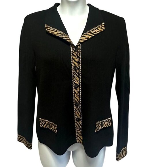 St. John Evening Black Knit Cardigan Tiger & Crystal Embellished Trim Size 10 - Picture 1 of 12